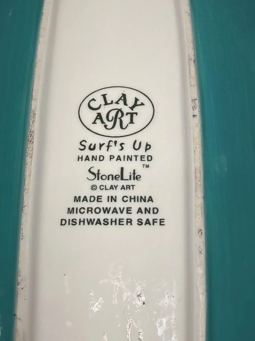 Clay Art Surfs Up Hand-Painted Surfboard Platter StoneLite Ceramic 19